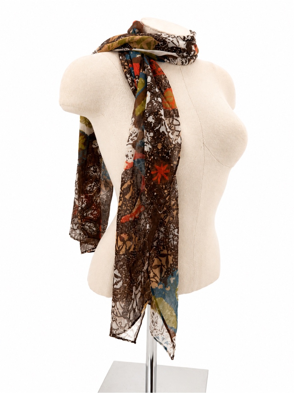 Remington Brown Multicolor Sheer Floral Paisley Print Lightweight Scarf Boho
